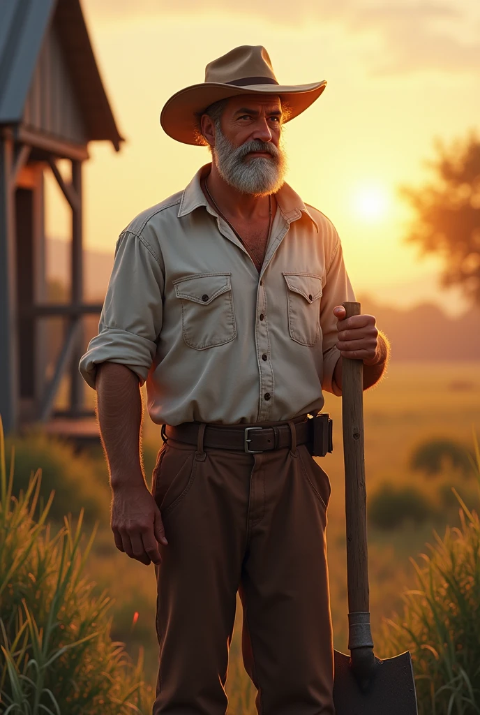 Farmer man holding a hoe white shirt and brown pants. Getting out of bed early.