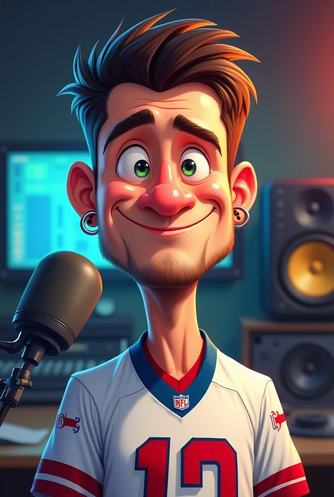 Caricature of a man, approximately 30 years old, white skin color, short black hair, goatee, small hoop earring on left ear only, podcast producer, dressed in american football jersey, with image background in an American style podcast environment 