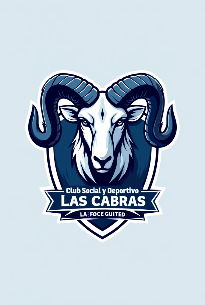 a blue and white logo with a soccer ball in the center. The logo is designed to resemble a ram's head, with the ball placed on top of the logo. The logo is displayed prominently, covering the entire image. The combination of colors and the unique design make it an eye-catching representation of the soccer team. frame logo as a football club insignia. frame the created image in club badge format. place the phrase "Las Cabras Social and Sports Club" make the goat look more aggressive. that the complete phrase "Club Social y Deportivo Las Cabras" appears