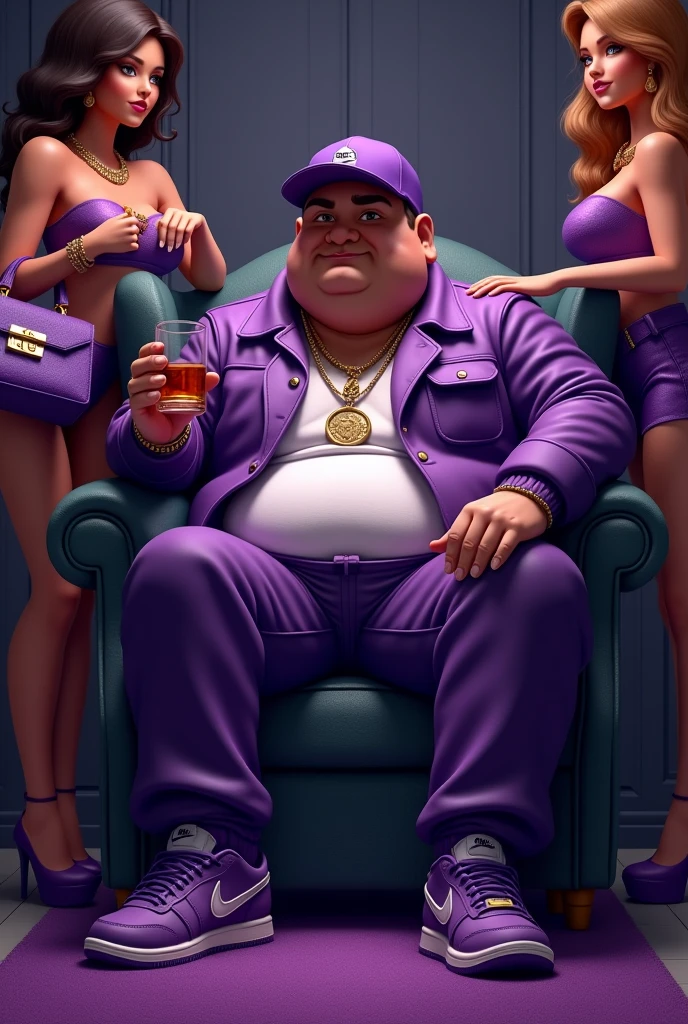 slightly chubby man wearing gangster outfit with purple cap and purple nike sneakers holding a glass of whiskey sitting in an armchair with 2 women with purple bags