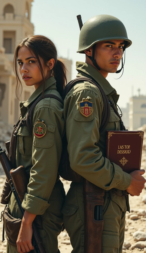 TWO YOUNG SOLDIERS (MALE AND FEMALE), back to back, with serious faces, WITH THE BIBLE INSTEAD OF A WEAPON
