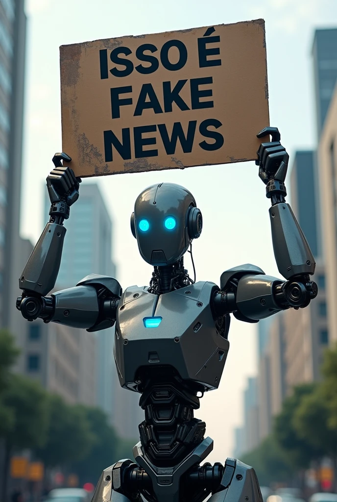 Create a robot holding a protest sign with the following phrase: isso é fake news.