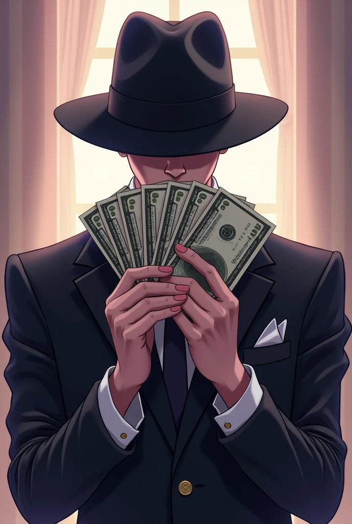 Gangster man, holding money notes with both hands hiding the face, otome anime style, sexly
