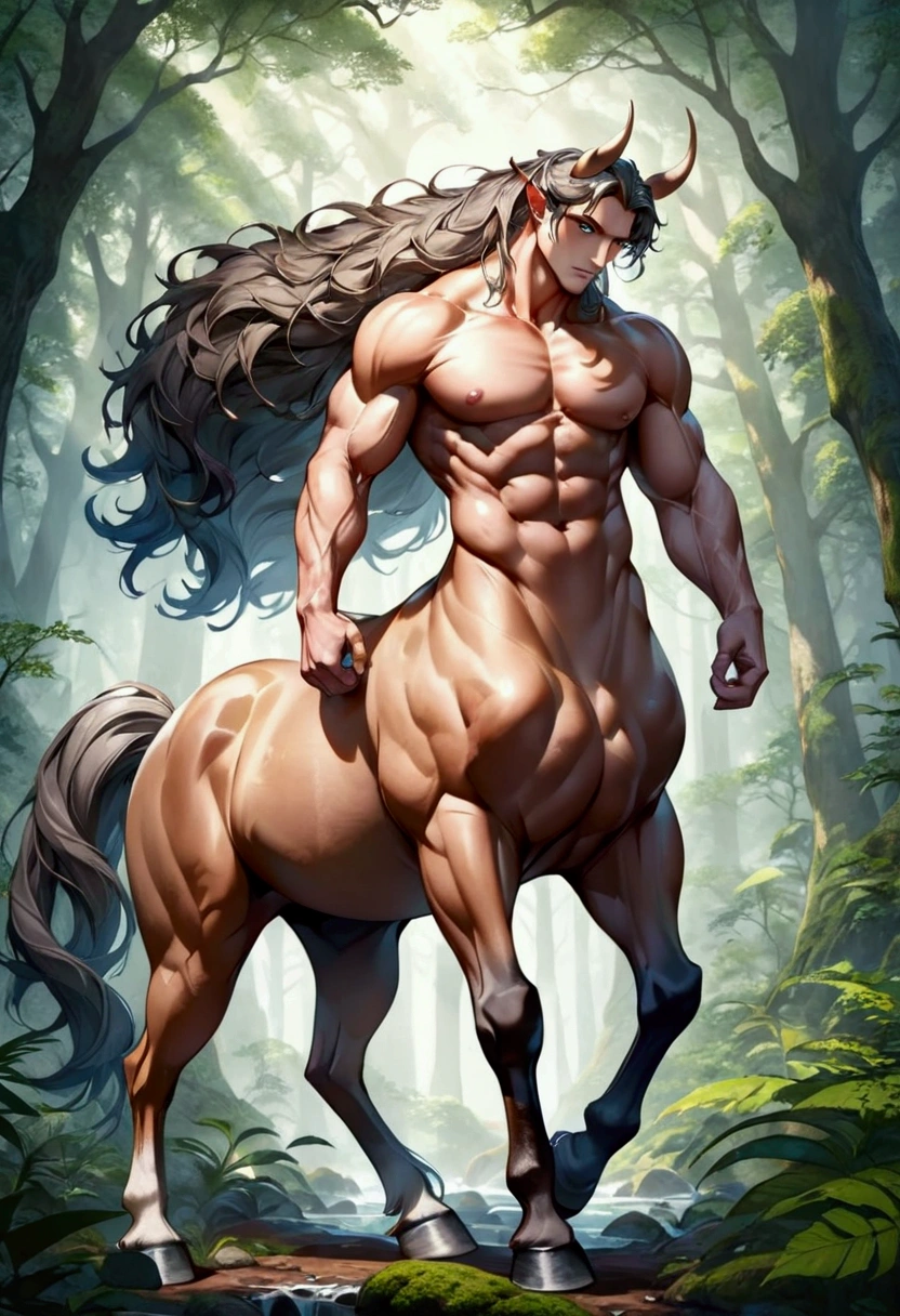 Centaur, a centaur, mythical creature with the upper body of a human and the lower body and legs of a horse, highly detailed anatomical features, muscular and athletic physique, flowing horse hair, in a lush forest environment, detailed foliage and trees, dramatic lighting, cinematic composition, vibrant colors, (8k,highres:1.2),ultra-detailed, detailed facial features, piercing eyes, chiseled features, masterpiece, best quality, very aesthetic, absurdres