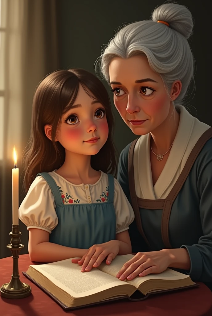 Young Clotildes has straight light brown hair, with a touch of shine. His eyes are large and brown, radiating curiosity and devotion. She wears a modest and elegant dress, in shades of blue and white, with embroidered details. The Catholic Teacher is an elderly woman with gray hair tied in a bun., kind eyes and a traditional robe. The environment is welcoming, with candles and an open Bible on a table.