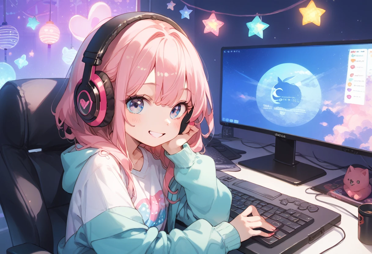 ,,,,,โพสท่าเซ็กซี่,Long ash pink hair, random colored eyes, girl, happy, small, cute, big shirt, computer, gaming, rgb lights, headphones, computer bacground