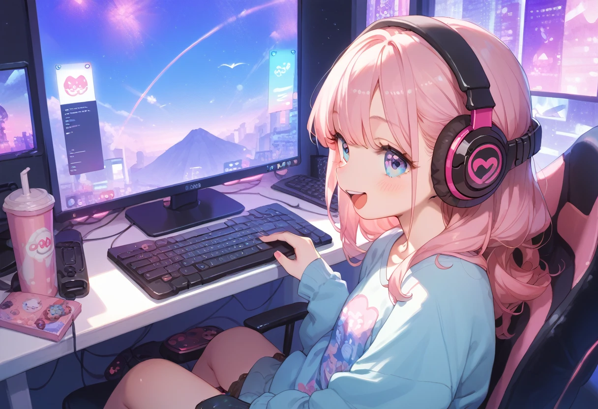 ,,,,,โพสท่าเซ็กซี่,Long ash pink hair, random colored eyes, girl, happy, small, cute, big shirt, computer, gaming, rgb lights, headphones, computer bacground