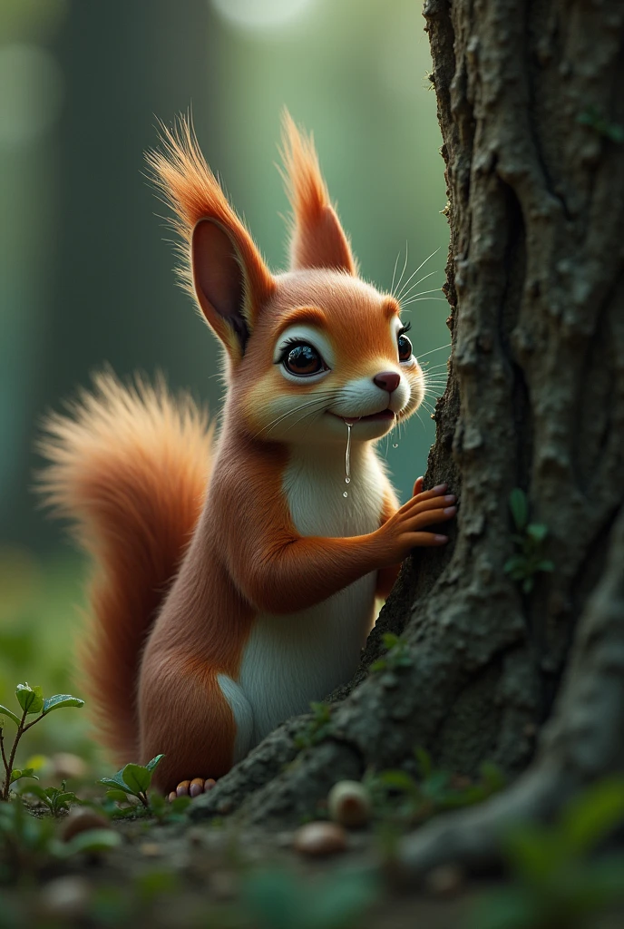 A male squirrel shedding many tears while staring at a tree