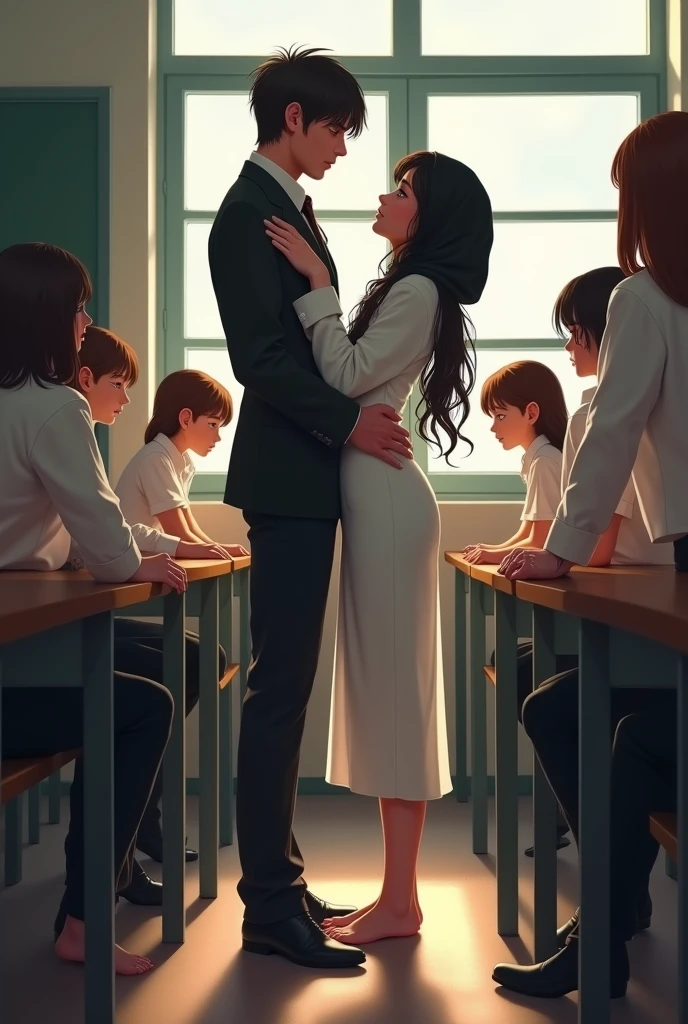 Black headscarf in class, barefoot in white long uniform, Sexy skinny female teacher kissing with a man. Other students are touching the teacher's butt.