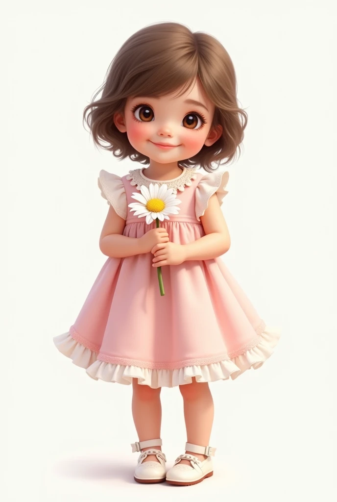  with brown hair, Caucasian skin, brown eyes child holding a flower, light pink dress with a white ruffle, below white shoe with png background