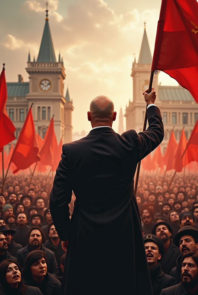 
Drawing of Vladimir Lenin in a square in Petrograd during the October Revolution with a crowd and red flags. 

