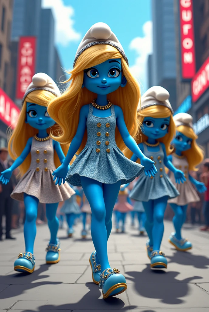 Smurfette a cartoon characters as supermodels wearing Gucci and walking through the streets together.