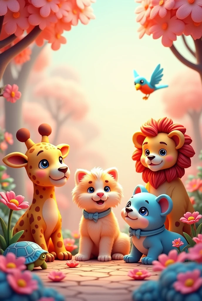 I want to create a cover for a coloring book , about cute baby animals,  in 3d place various animals Cute Dog Cat Bird Lion Giraffe Turtle 