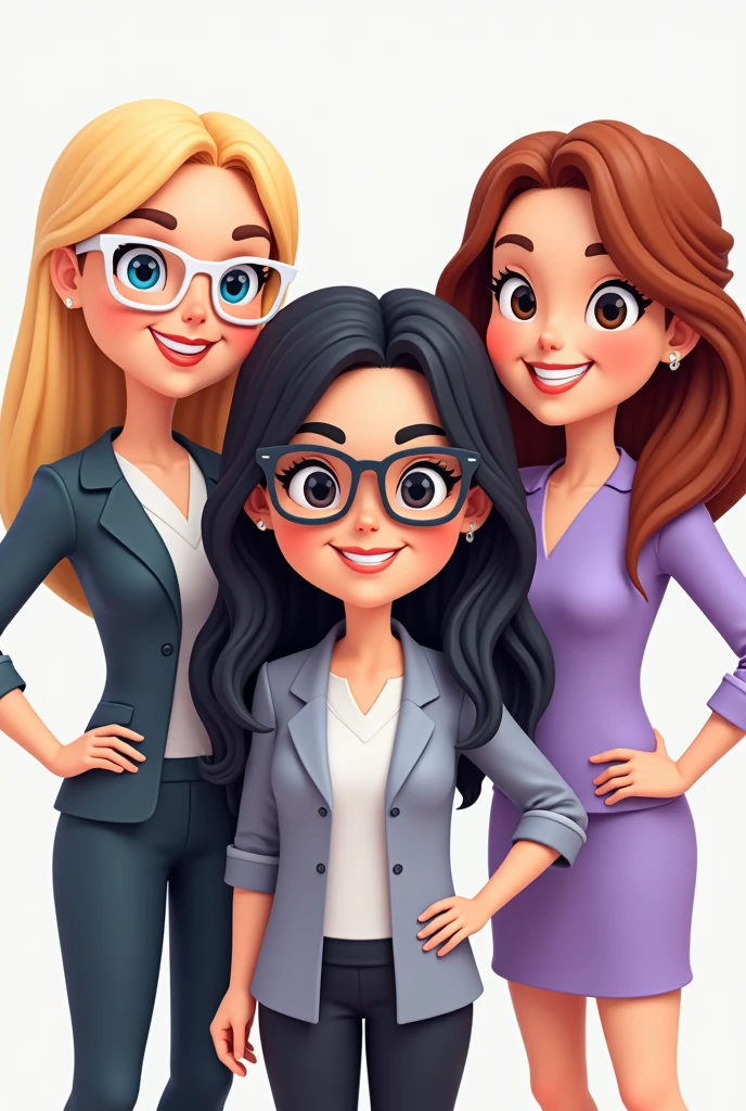 create three cheerful teacher avatar dolls together bitmoji style. A blonde, blue-eyed teacher with long hair, of blond and straight color, she wears white-framed glasses.  A white-skinned teacher has black hair, Medium & Smooth, She wears glasses and has black eyes, she is elegant. A very white teacher, shoulder length reddish brown wavy hair Brown eyes and very sweet and gentle, lilac clothing, doesn&#39;t wear glasses. 