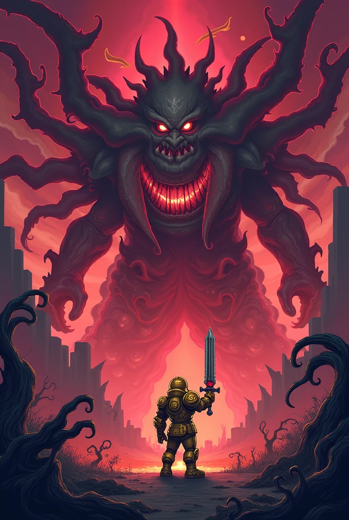 Terraria image with the player in gold armor and the boss eye of Cthulhu (rot 