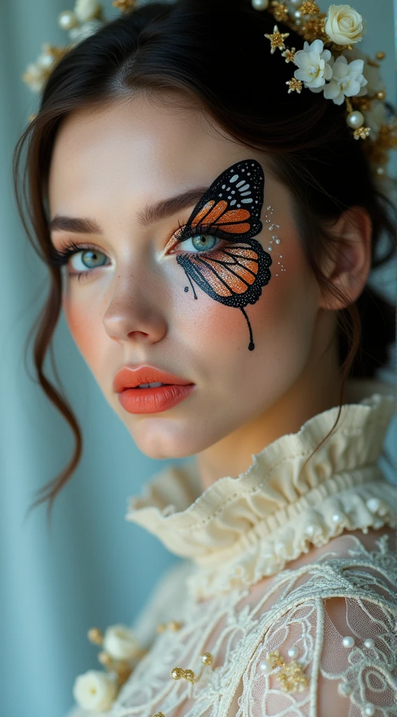 A close-up portrait photograph showcases an ethereal and artistic makeup design on a young woman's face. Her right eye is covered by a highly detailed butterfly wing tattoo, featuring intricate black and white patterns with sparkling accents and fine lines resembling veins. The tattoo, positioned centrally over her eye, consists of delicate black lines forming the wings, with small white dots representing scales. Small white decorative elements resembling flowers, arrows, or tiny branches extend from the wings, creating a sense of depth and movement. Her eye is accentuated with shimmering orange eyeshadow that extends from the inner corner towards the center, complemented by long, glossy lashes coated in a shimmering orange product. Her skin has a flawless complexion with subtle freckles, and she wears vibrant coral-colored lipstick that stands out against her fair skin. Her lips are slightly parted, revealing a hint of teeth and adding to the enigmatic expression. Her dark brown hair is styled in loose curls, framing her face with some strands falling over her forehead and ears. She wears an elaborate ivory lace garment with intricate ruffles, beadwork, and embroidery adorned with delicate white fabric flowers, small pearls, and golden threads. The background is soft and out of focus, featuring a gradient of light blue and white tones that emphasize the subject. The lighting is soft and diffused, highlighting the smooth texture of her skin and the intricate details of the makeup and attire without casting harsh shadows. The overall composition creates a dreamy, otherworldly effect, with high contrast and moderate saturation emphasizing the delicate features and fantasy elements of the image.
