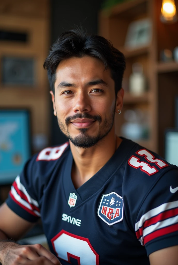 man approximately 30 years old, white skin color, short black hair, goatee, small hoop earring on left ear only, podcast producer, dressed in american football jersey, with image background in an American style podcast environment 