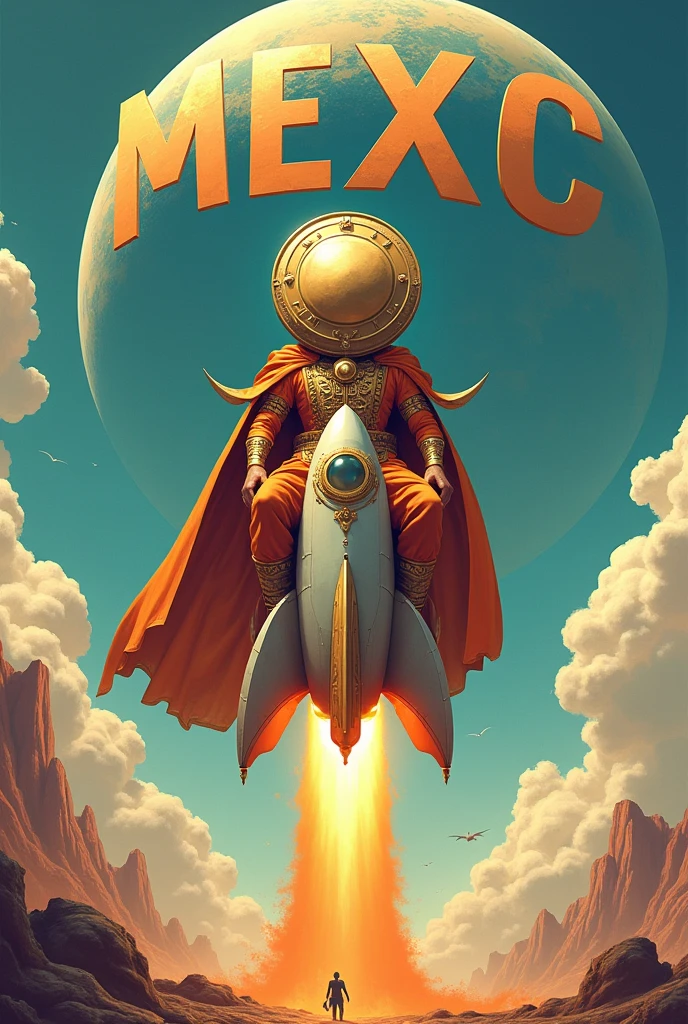 A king who has a big head and looks like a coin and is dressed in orange rides a rocket and enters a planet whose entrance is written "MEXC".