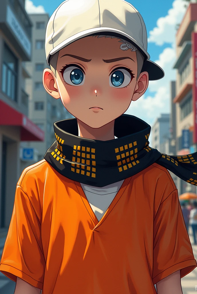 A male character who has a white cap, blue eyes, a scarf with black squares and an orange prisoner shirt, like an anime.