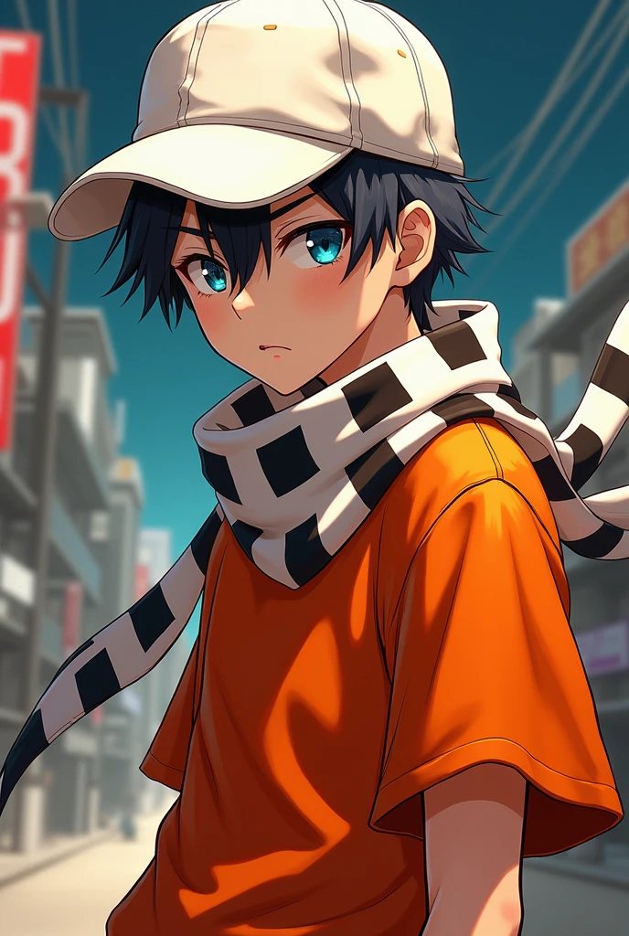 A male character who has a white cap, blue eyes, a scarf with black squares and an orange prisoner shirt, like an anime.
