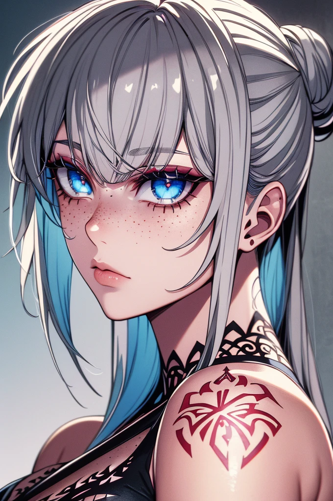 ((masterpiece)), ((ultra-detailed)), ((best quality)), ((intricate details)), ((chromatic aberration)), 1girl, hair bun, blunt bangs, makeup, black eyeliner, eyelashes, looking at viewer, silver hair, blue eyes, freckles, tattoo, breasts, (two-tone hair:1.2), expressionless,