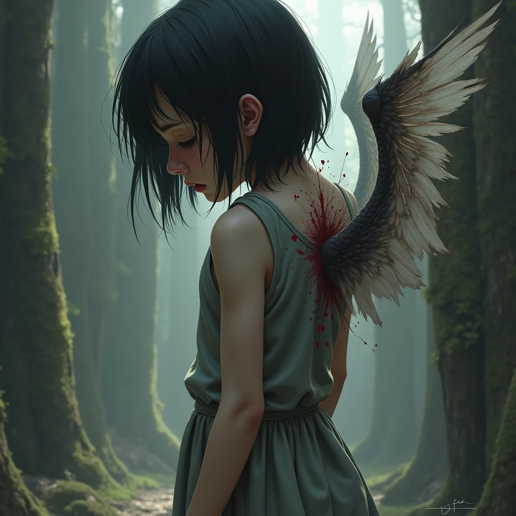 Wings starting to grow out of her back, girl, dark hair, white skin, suffering, painful, crying, turning around, stand with her back, realistic