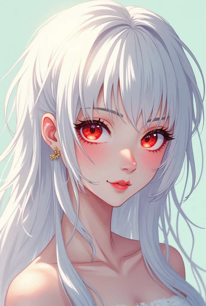 white haired asian, is 40 to 30 years old, tem um corte de cabelo jellyfish, she has red eyes and i want the cartoon style
