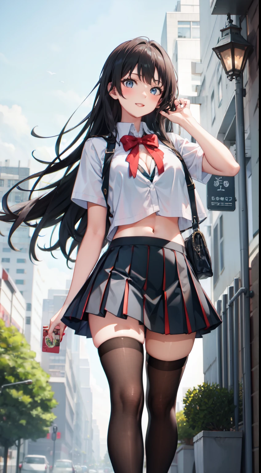 , long hair, cleavage, navel, slim legs, black hair, blue eyes,  short skirt, thigh high socks, teen, happy, school uniform, park, Belly