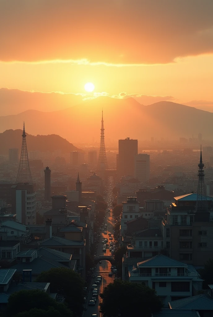 A wide shot of the Nagasaki city skyline, moments before the second atomic bomb is dropped, showing the calm before the catastrophic event.