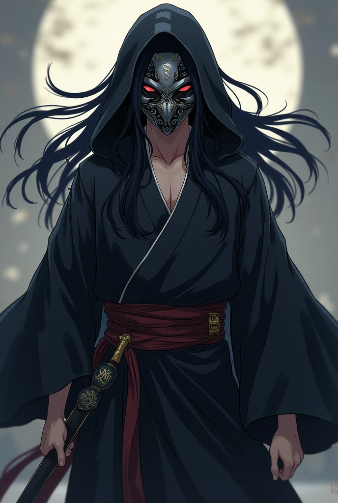Create an anime style male character wearing a black hooded haori with long black hair and a gray hannya samurai mask 