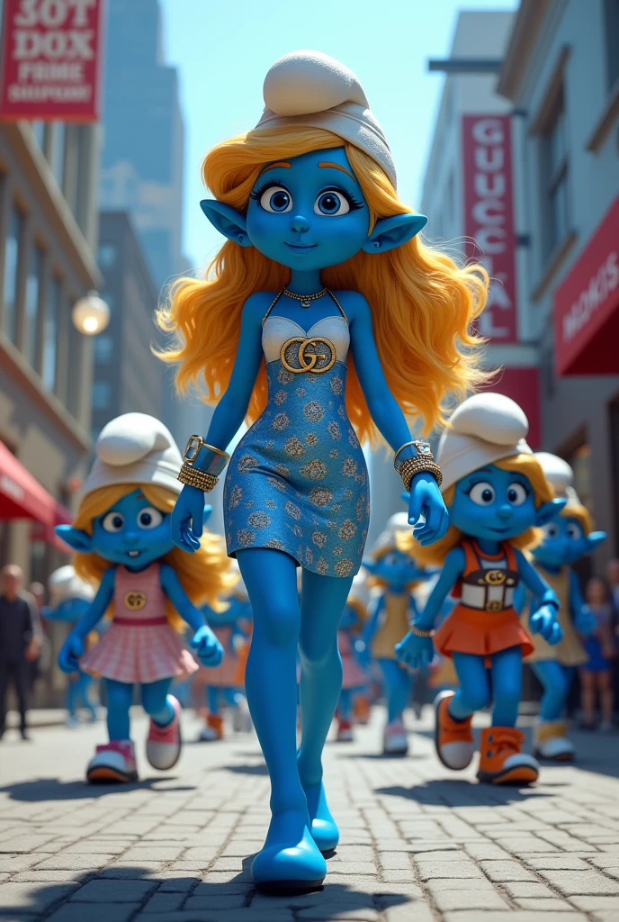 Smurfette a cartoon characters as supermodels wearing Gucci and walking through the streets together.
