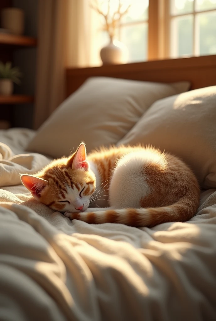 best quality,masterpiece,8k,photorealistic,ultra high res,extremely detailed,finely detail,ultra realistic,professional lighting,best shadow,sunlight,Lens Flare,Cat sleeping in bed house,You can see the fine dust dancing in the light.