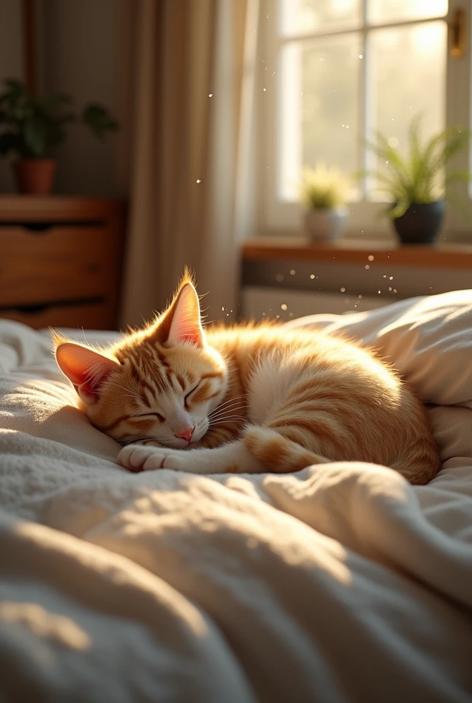 best quality,masterpiece,8k,photorealistic,ultra high res,extremely detailed,finely detail,ultra realistic,professional lighting,best shadow,sunlight,Lens Flare,Cat sleeping in bed house,You can see the fine dust dancing in the light.