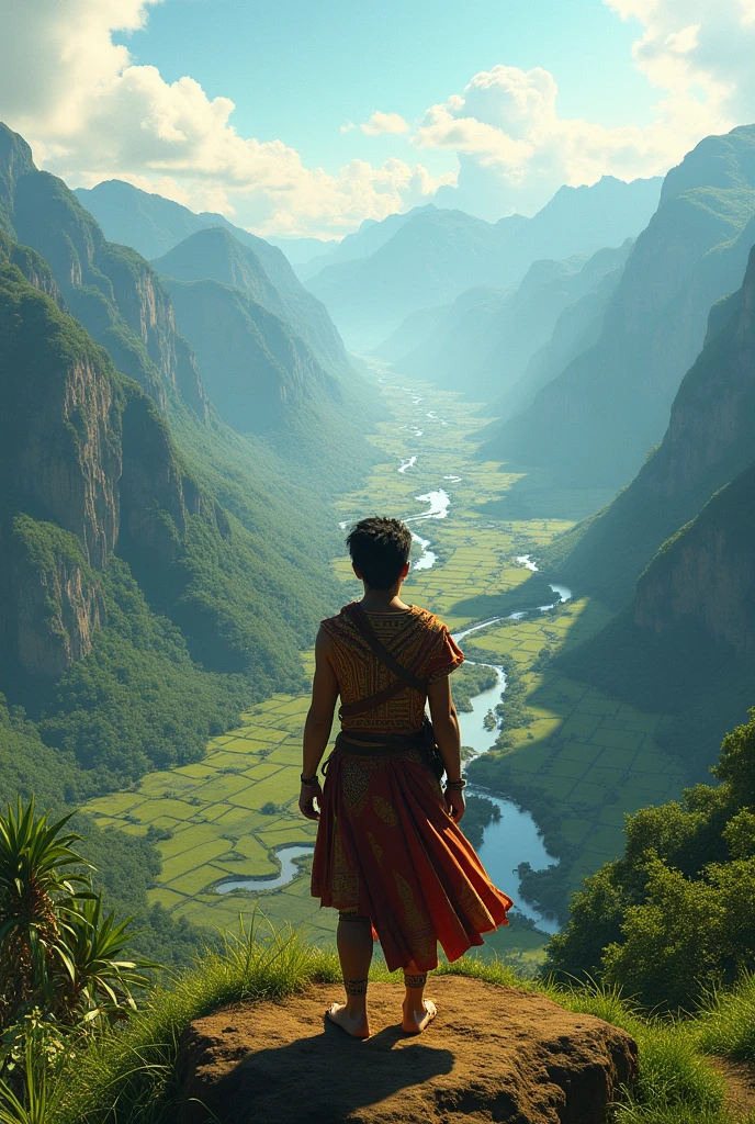 make a picture of A young Inca architect is standing on a hill, looking out over a lush valley where a new city will be built.