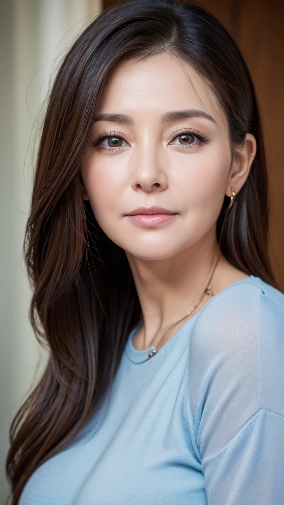 8K, super detailed, masterpiece, highest quality, Photoreal, detailed face, fine eyes, 40 year old woman, 1 person, cute face, The lower lip is thick and plump, facing the front, nice body, ((look into the viewer's eyes)), gorgeous hairstyle, thin clothes, well-shaped bust