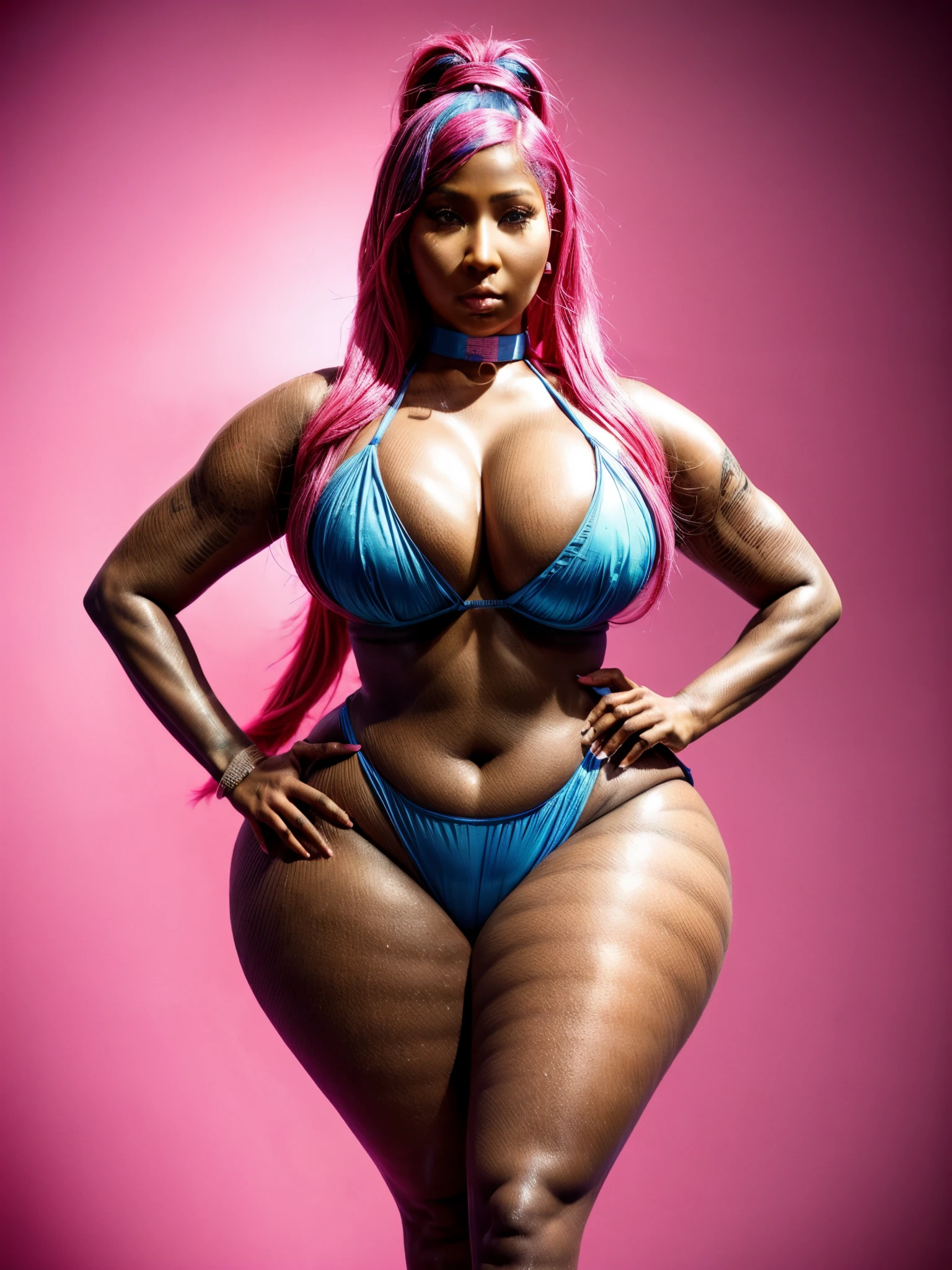 dark skinned, sexy woman in bikini with pink hair and blue choker, nicki minaj curvy, black long hair, bubblegum body, thicc, nicki minaj, hyperrealistic full figure,  curvy hourglass figure, , thick body, hyper realistic”, hyper realistic curvaceous, beautiful thick female, photorealistic perfect body