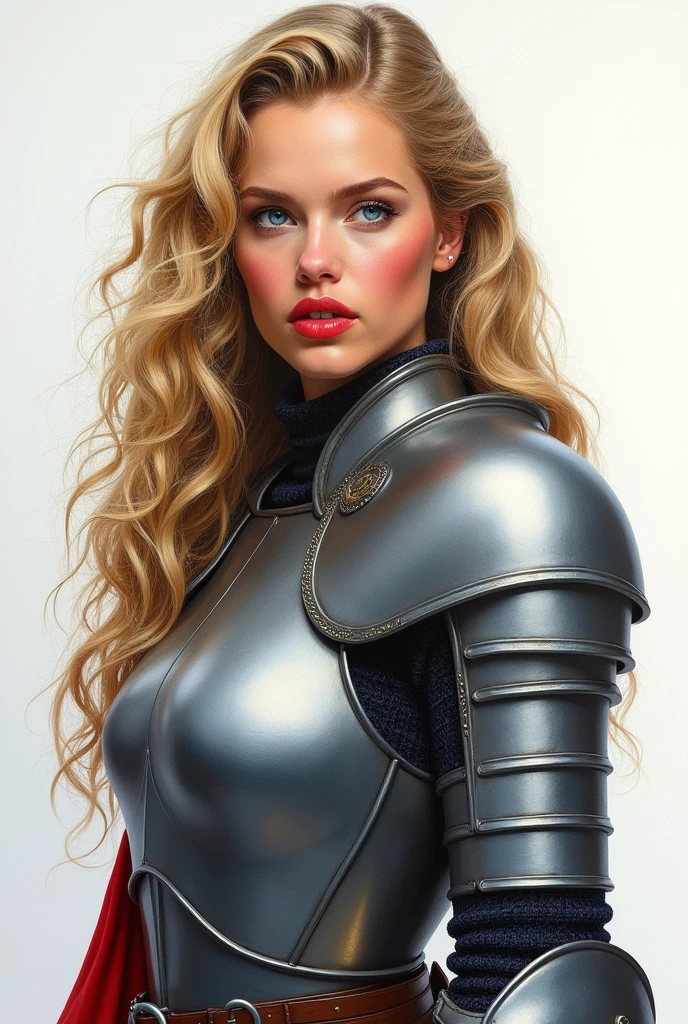 realistic acrylic art, vivid colors, lateral point of view, a beautiful european woman with long BLONDE curly hair, blue eyes, looking at the viewer with suspicious face and a shy smile, red lips, she wears hy-glossy TOTALLY SMOOTH armor, gloves, a sophisticated belt, WHITE NEUTRAL background