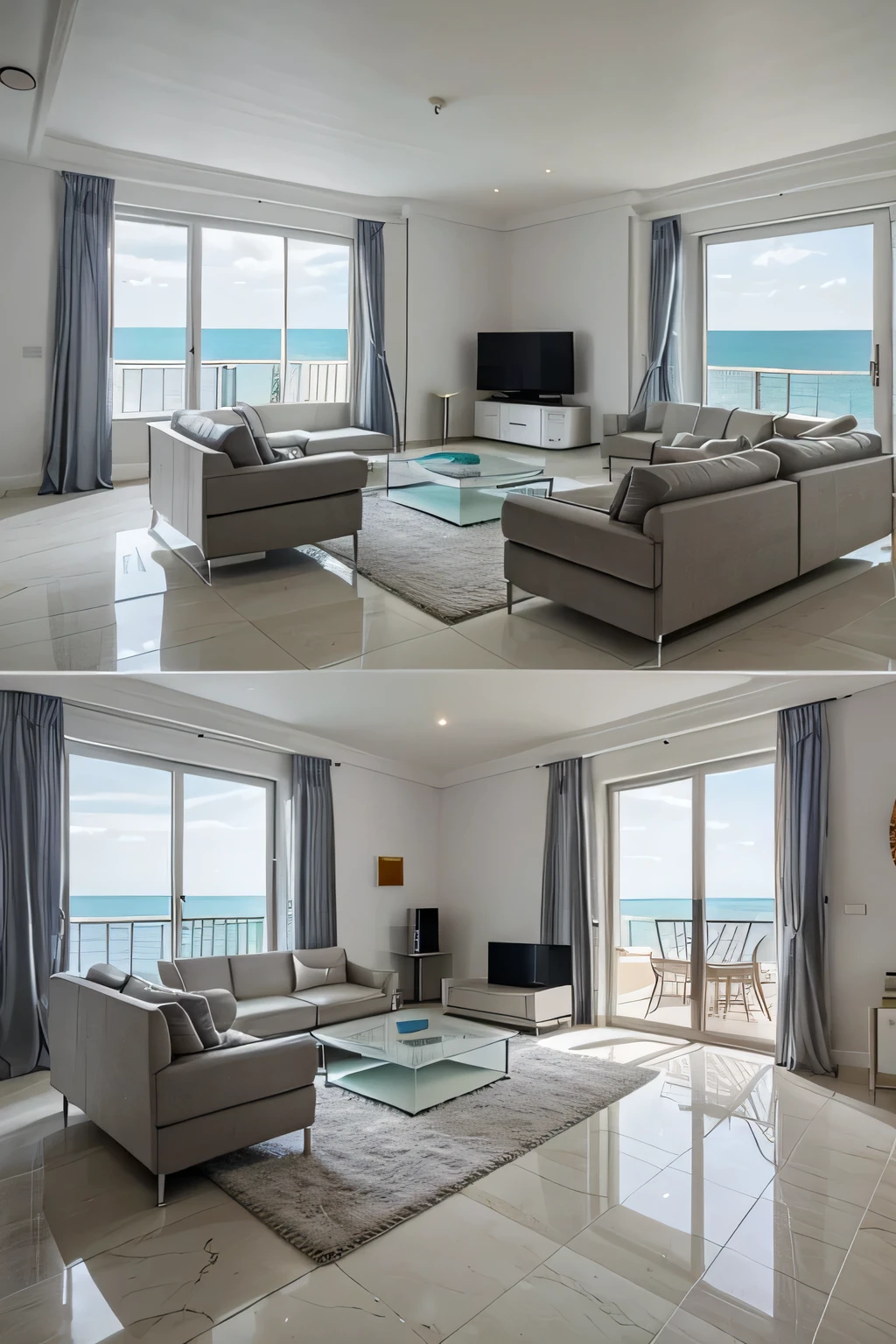 2-storey room with modern renovation, In the style of minimalism, where is the floor in marble tiles, the walls are painted grey, with panoramic windows overlooking the sea, with furniture ( armchairs, sofas and a plasma TV) There should be no people in the picture, with a detailed drawing of the apartment and a clear image 