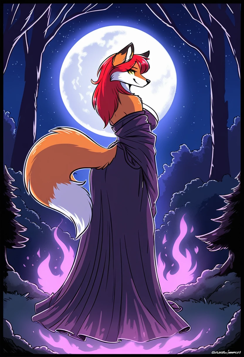 red fox, female, vixen, vibrant colors, gorgeous, majestic, beautiful, hair, scarlet hair, red hair, yellow eyes, smile, full body, night, moody, elegant, mysterious, highres, perfect artwork, absurdres, rzminjourney, vector-art, side view, moon, beautiful night sky, stars, black night sky, crouching, wearing a sexy and elegant magical yukata, sexy thigh highs, wearing thigh highs, red and black outfit, casting purple magic, purple flame, sexy body, voluptuous, waifu, in a forest