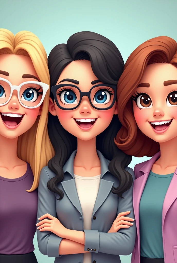 create three cheerful teacher avatar dolls together bitmoji style. A blonde, blue-eyed teacher with long hair, of blond and straight color, she wears white-framed glasses. A white-skinned teacher has black hair, Medium & Smooth, She wears glasses and has black eyes, she is elegant. A very white teacher, shoulder length reddish brown wavy hair Brown eyes and very sweet and gentle, lilac clothing, doesn't wear glasses.