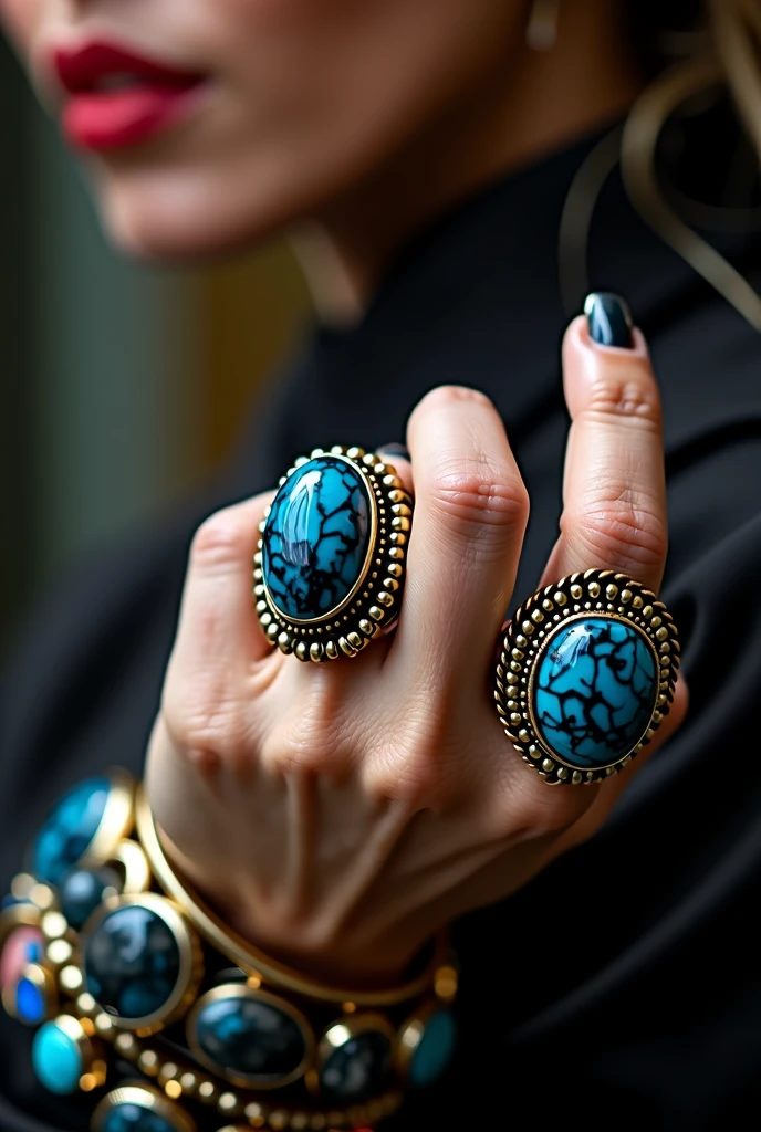 H/b photo. only jewels in color. Sophisticated, elegant female hand, almost the whole frame. On the fingers are very large, unusual rings in boho style with bright, with dark blue stones. Boho style bracelets on the wrist. Backstage the woman's body is out of focus.