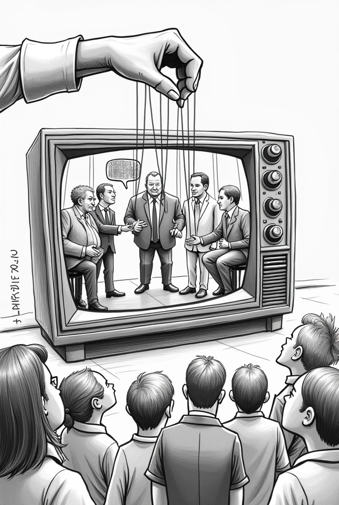 On the short bond paper, draw a scene featuring a large, exaggerated television with various media figures (reporters, anchors, etc.) as puppets controlled by a hand labeled "Political Influence." The television screen displays a mix of sensational news and exaggerated headlines. In the background, show ordinary citizens with puzzled or concerned expressions, looking at the screen.
yung madali lang no color