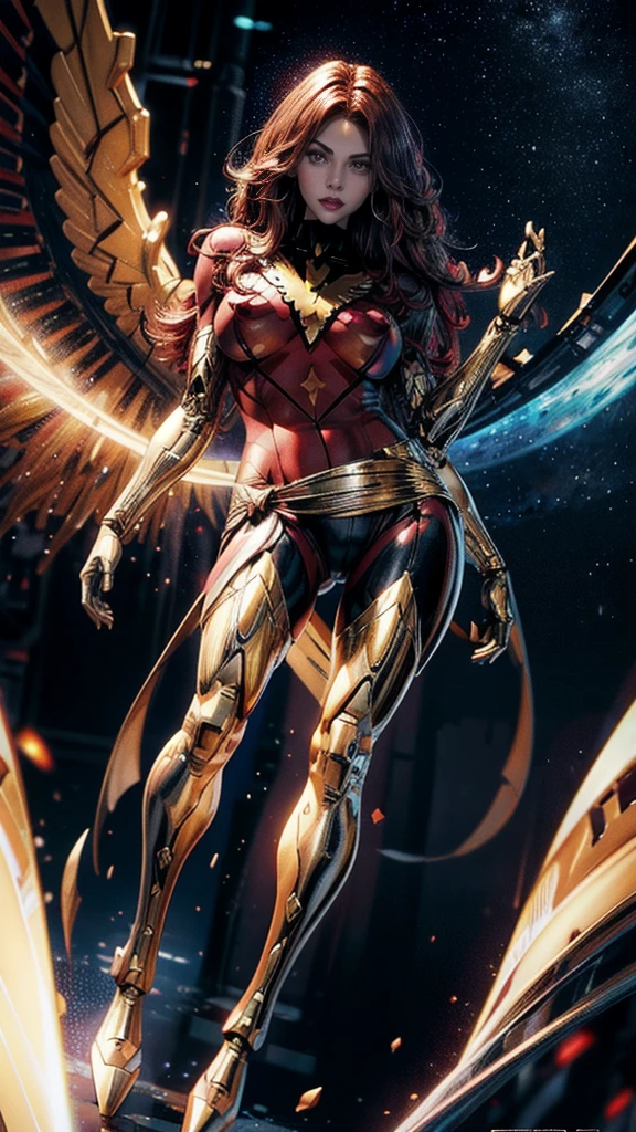 A beautiful detailed portrait of Jean Grey from X-men as a Gundam mecha, extremely detailed eyes and face, long eyelashes, intricate mecha design, wings, futuristic tech, seamless integration of organic and mechanical elements, cinematic lighting, dynamic fighting poses, (wide angle:1.27), (full length portrait:1.37), vibrant colors, 8k, photorealistic, concept art style, sharp focus, clean lines, erect nipples under clothing