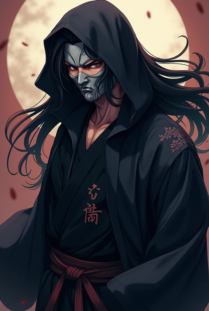 Create an anime style male character wearing a black hooded haori with long black hair and a gray hannya samurai mask
