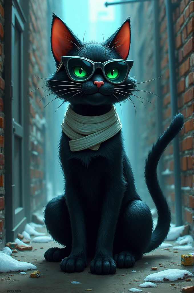 create a photo realistic image of a character named Iceberg-Kitty, a mischievous black alley cat with a cunning smile wearing bandages around his neck and head, glowing green eyes that pierce through his sunglasses and has ice powers