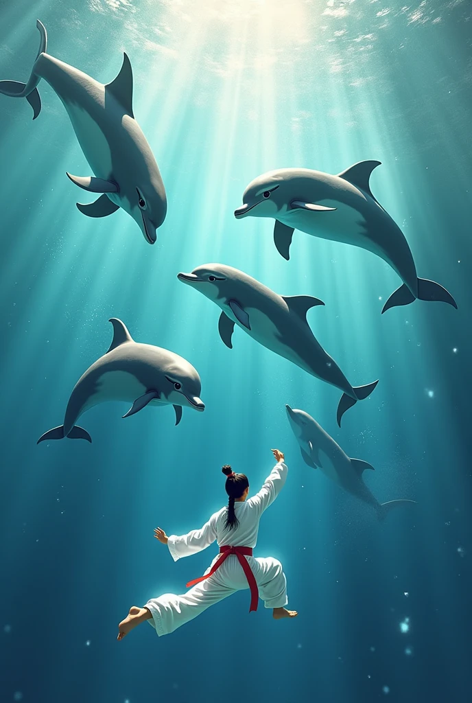 I would like an image of dolphins like the one that appears in the new trend "Part of your simphony" and add a taekwondo please 