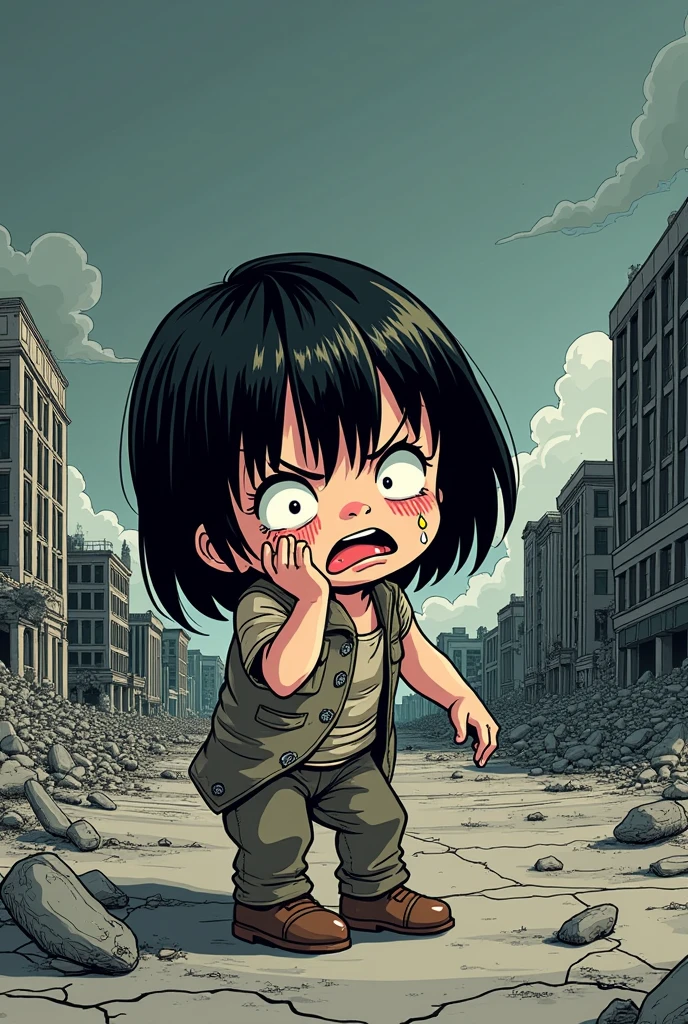 Generate a comic book style image for a comic of a crying Hiroshima child survivor, with the city still in cartoonish ruins
