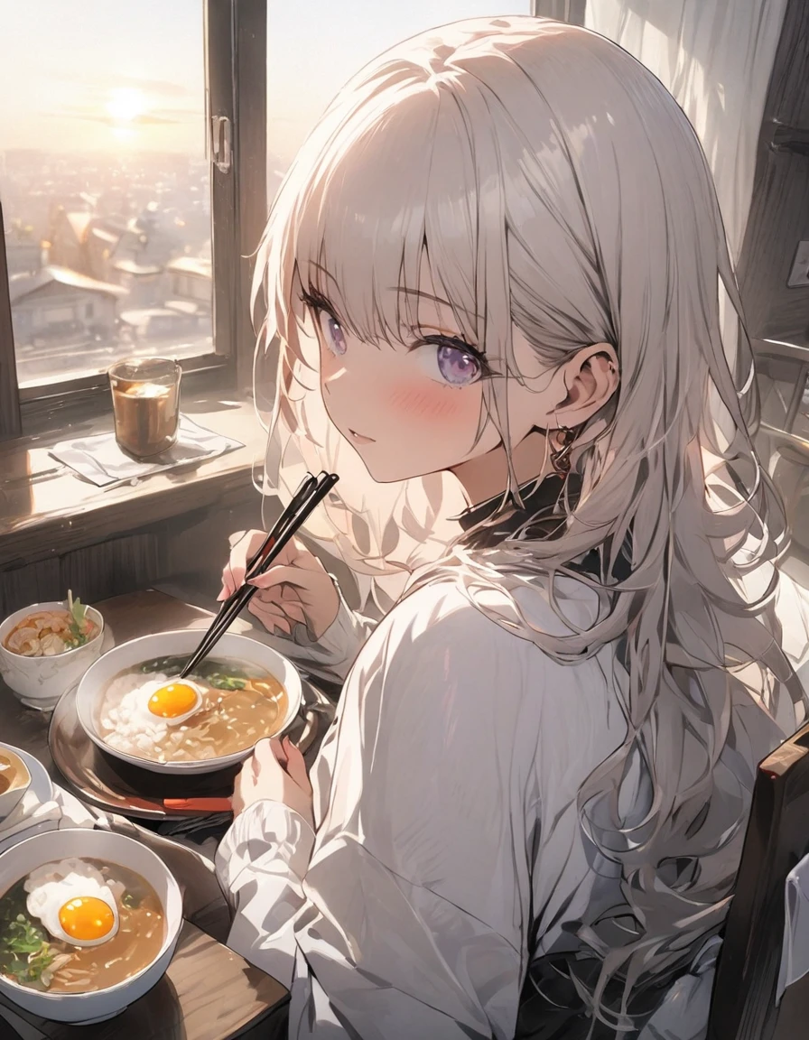 masterpiece、1 girl, dining room, table, fried egg, miso soup, rice, she has chopsticks, sunrise from the window