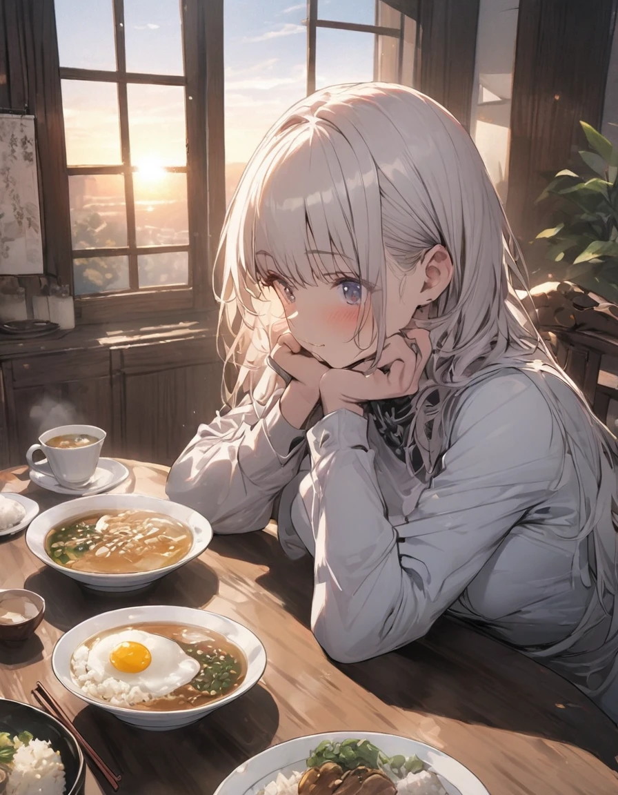 masterpiece、1 girl, dining room, table, fried egg, miso soup, rice, she has chopsticks, sunrise from the window
