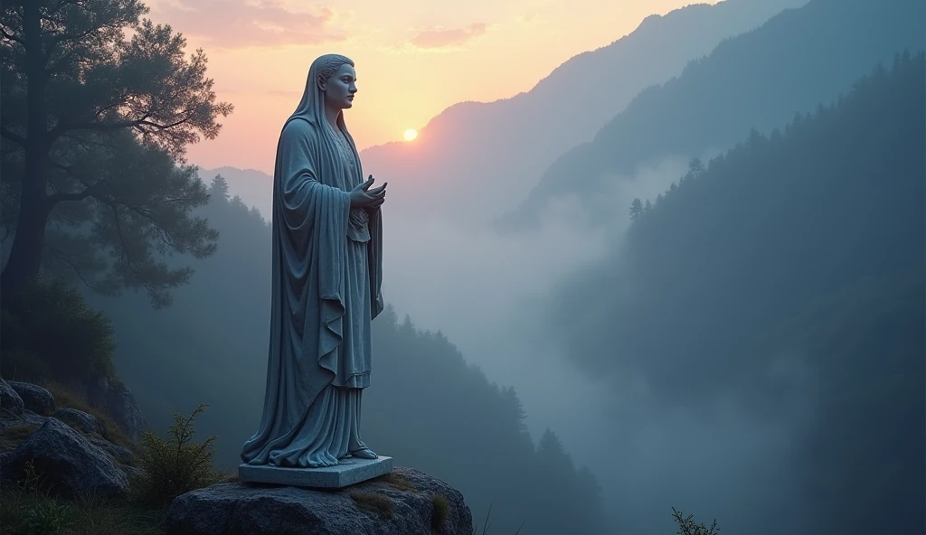 "Design an enchanting YouTube thumbnail for 'Магія Мовчання: Як Тиша Веде до Мудрості та Сили'. Center it around a detailed Stoic marble statue, radiating calm and wisdom amidst a mystical, serene backdrop. Highlight its timeless aura with soft, surrounding light and integrate elements of a tranquil dawn-lit forest or mountainside. Use a color scheme of deep blues, soft purples, and gentle golds to evoke a sense of mystery and introspection. Add symbols of wisdom and strength, such as a subtle halo of light and ancient sturdy elements. Ensure 'Магія Мовчання' stands out boldly with an ethereal glow at the top, with 'Як Тиша Веде до Мудрості та Сили' elegantly displayed below. Aim for a composition that merges ancient allure with tranquil beauty, enticing viewers into the realm of stoic philosophy."